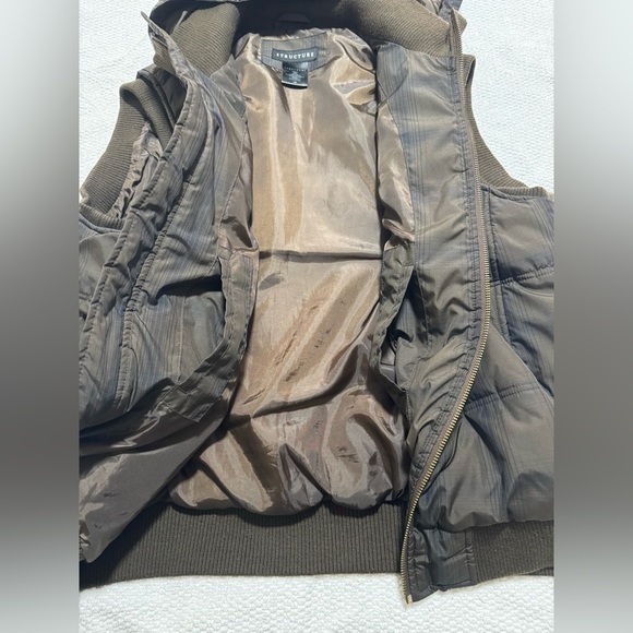 Vintage Structure Men’s Large Brown Nylon Puffer Vest Plaid Hooded Zip Pockets - Picture 6 of 11
